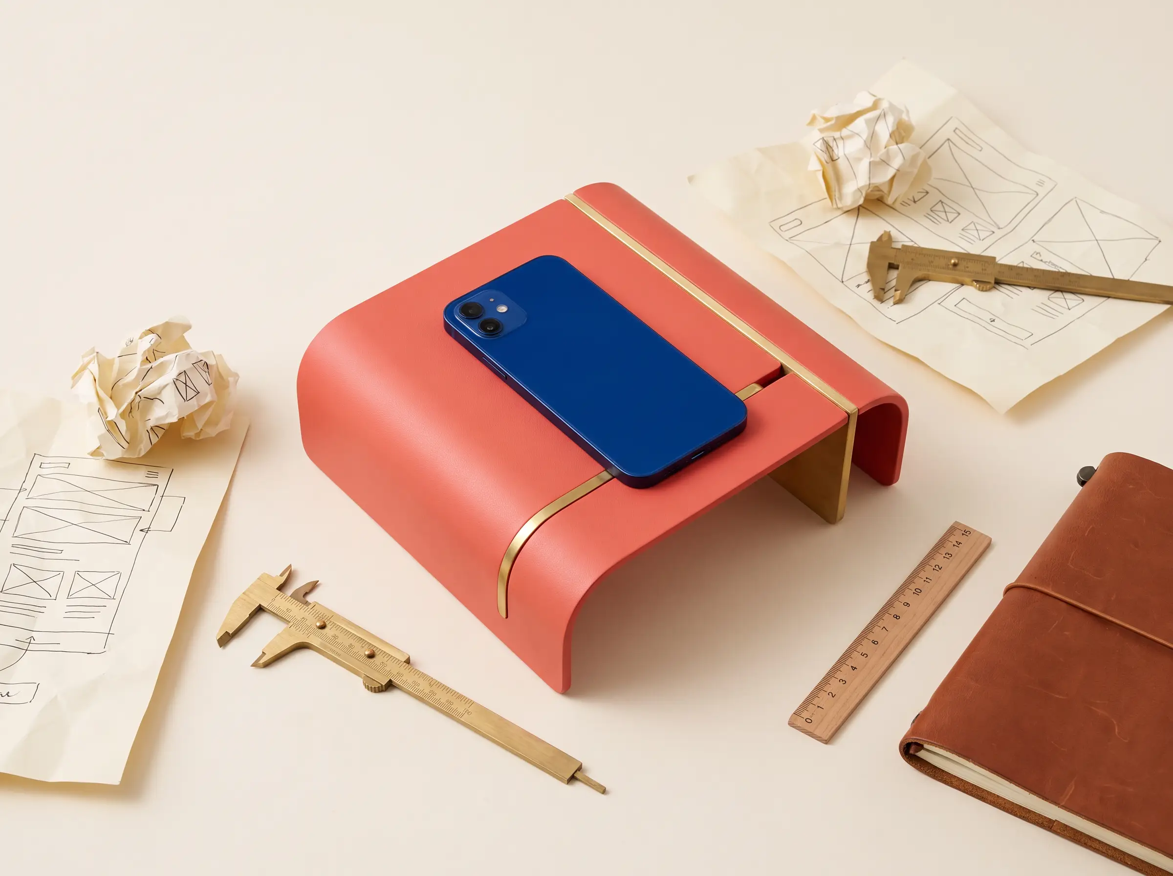 Telefono blu, strumenti e fogli di progetto su banco corallo