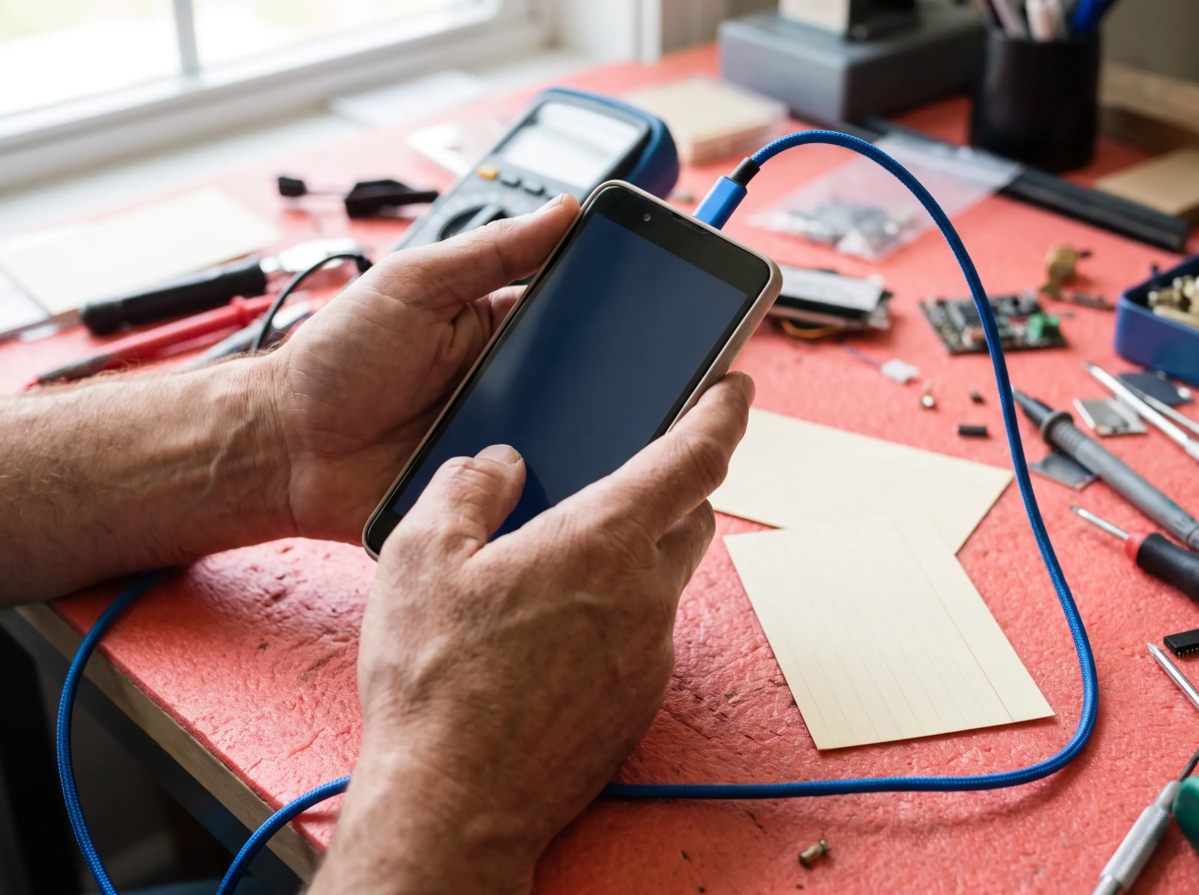 Mani che provano un telefono su un piano di lavoro corallo